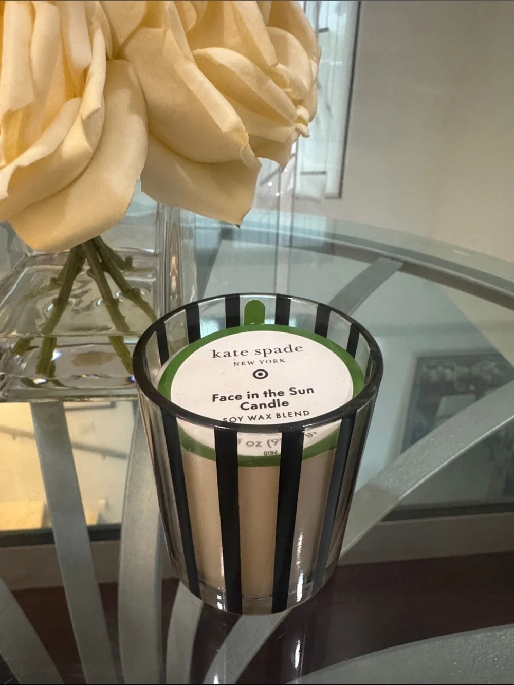 Kate spade x Target mini scented candle black striped jar 3.5oz face in the sun
